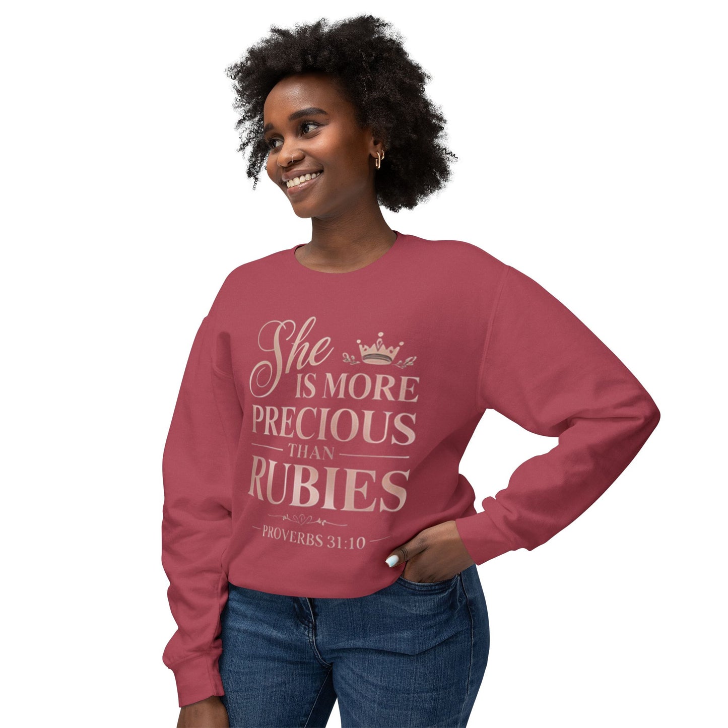 Crewneck Sweatshirt — "She Is More Precious Than Rubies" Inspirational Christian Pullover