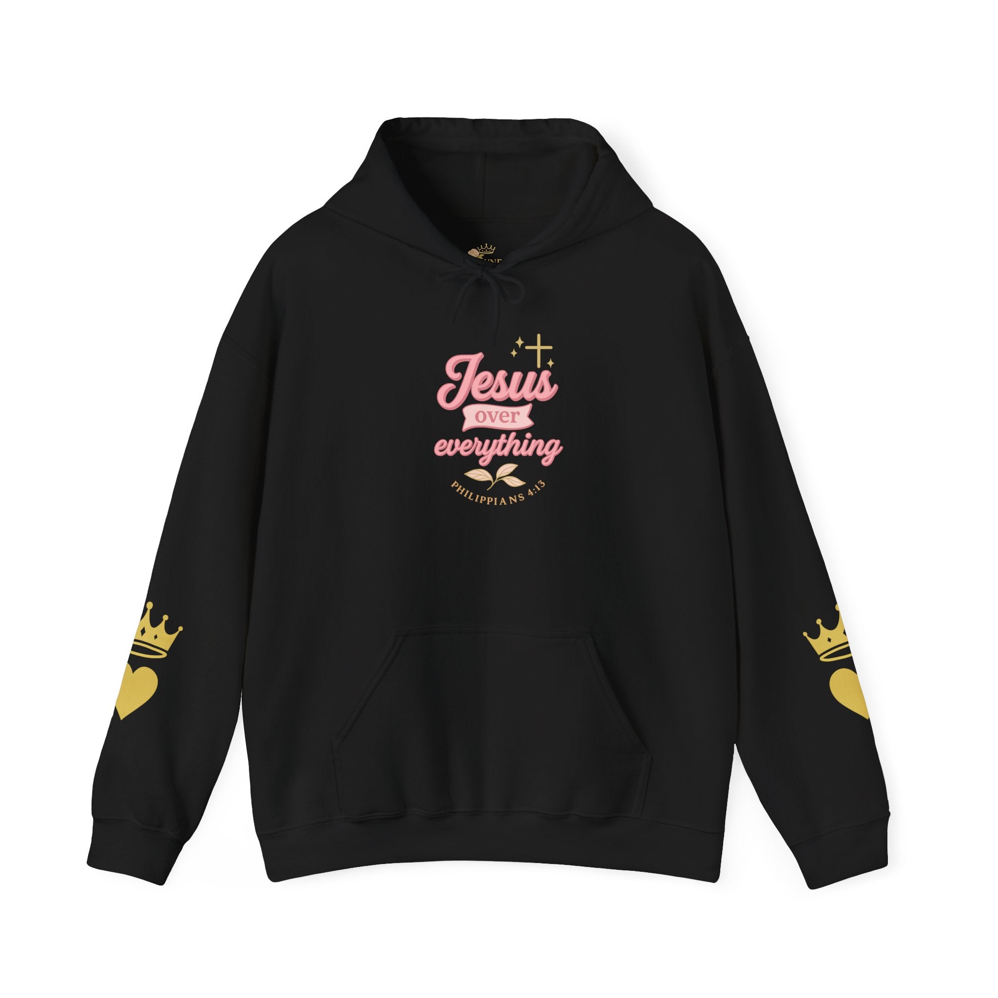 Christian Hoodie — “Jesus Over Everything” Faith Hoodie (Pastel Script Crown Sleeve Design)