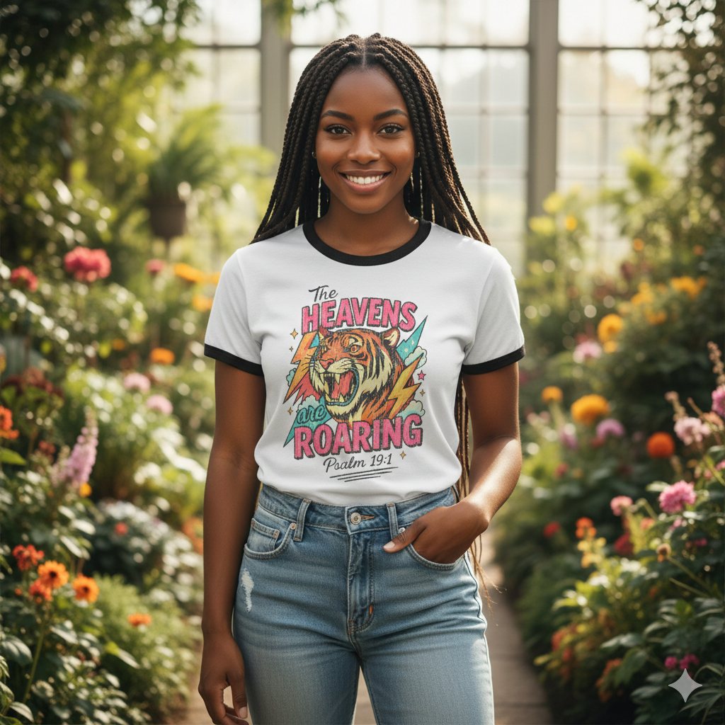 Christian Tiger Ringer T‑Shirt — "The Heavens Are Roaring"