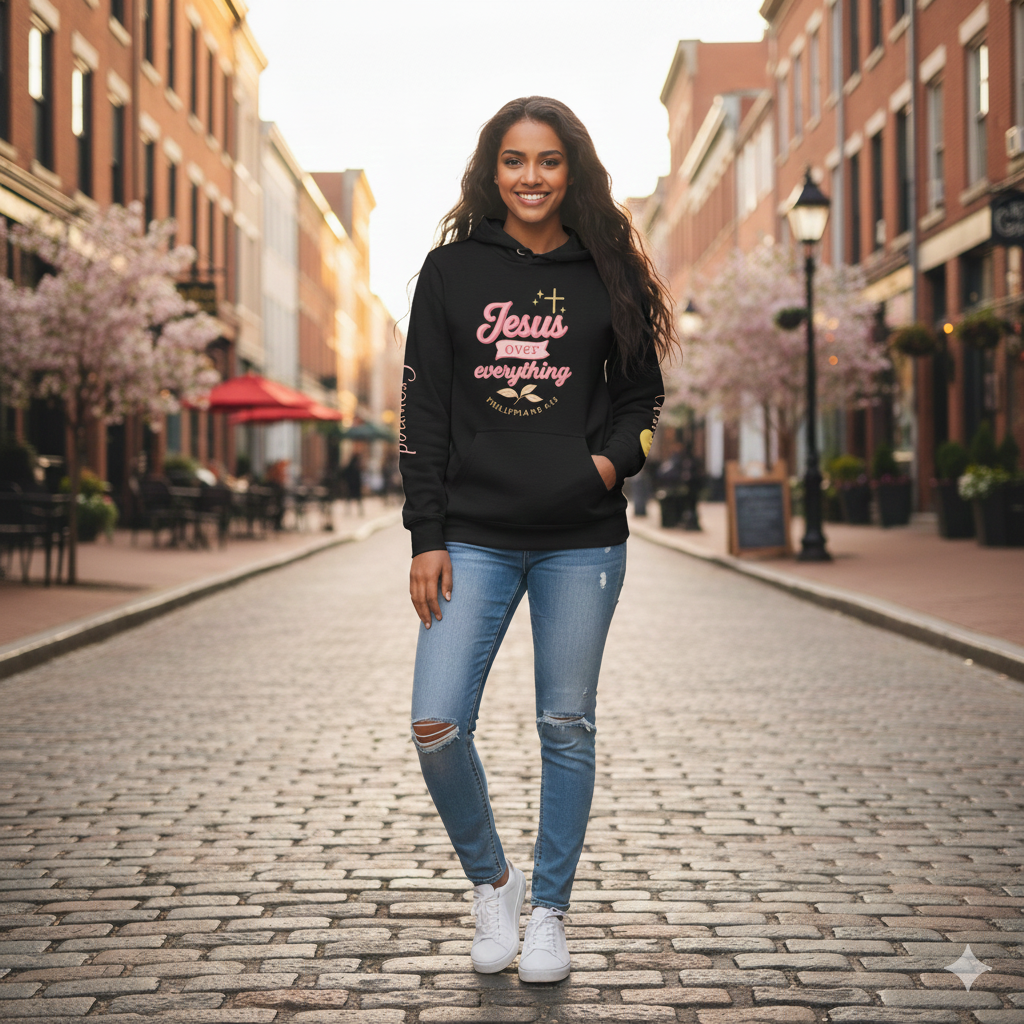 Christian Hoodie — “Jesus Over Everything” Faith Hoodie (Pastel Script Crown Sleeve Design)