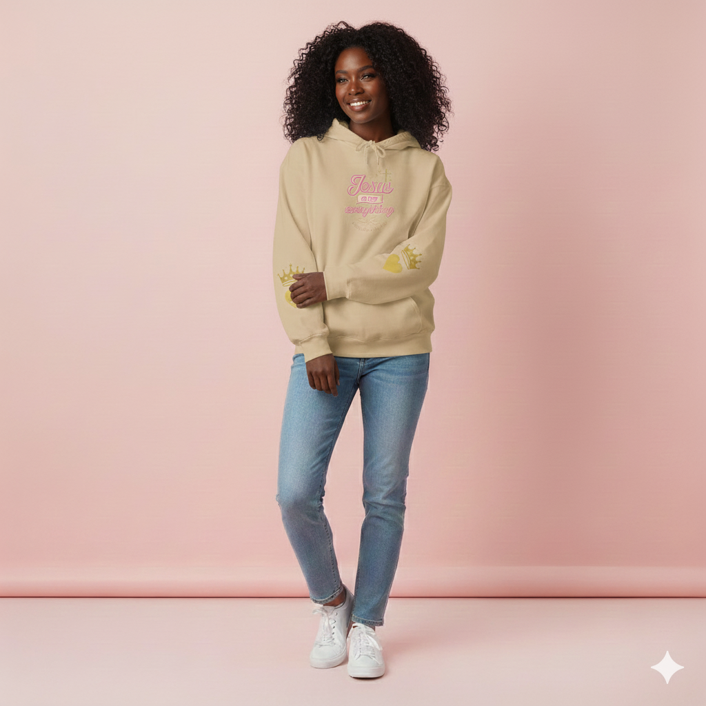 Christian Hoodie — “Jesus Over Everything” Faith Hoodie (Pastel Script Crown Sleeve Design)