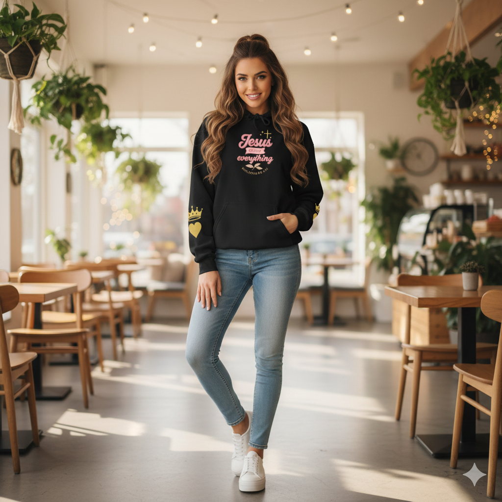 Christian Hoodie — “Jesus Over Everything” Faith Hoodie (Pastel Script Crown Sleeve Design)