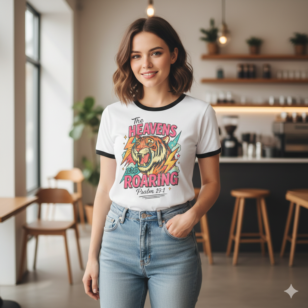 Christian Tiger Ringer T‑Shirt — "The Heavens Are Roaring"
