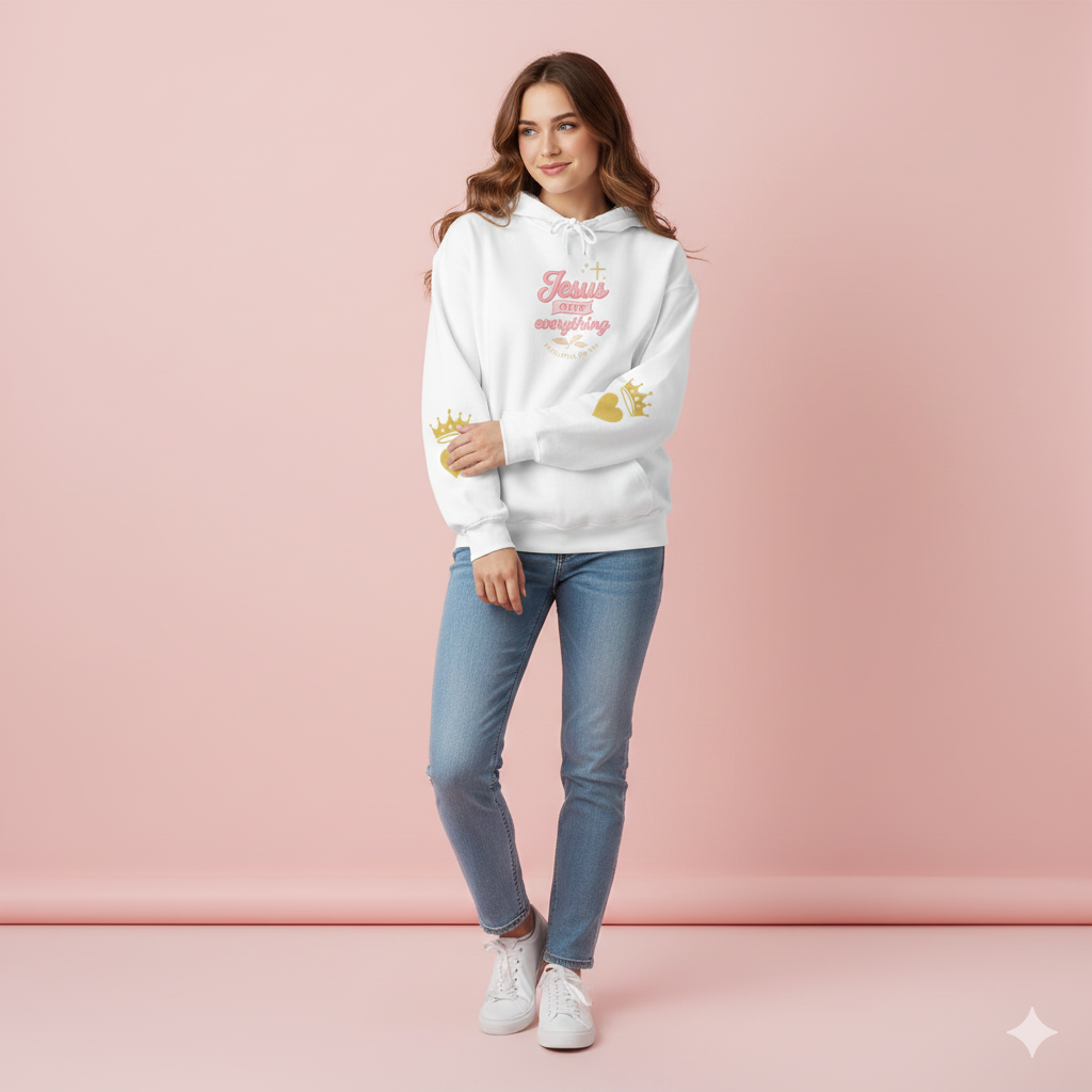 Christian Hoodie — “Jesus Over Everything” Faith Hoodie (Pastel Script Crown Sleeve Design)