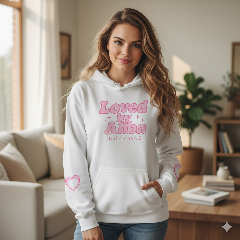 Christian Hoodie - "Loved by Abba" Pink Script with  Heart Sleeve Design