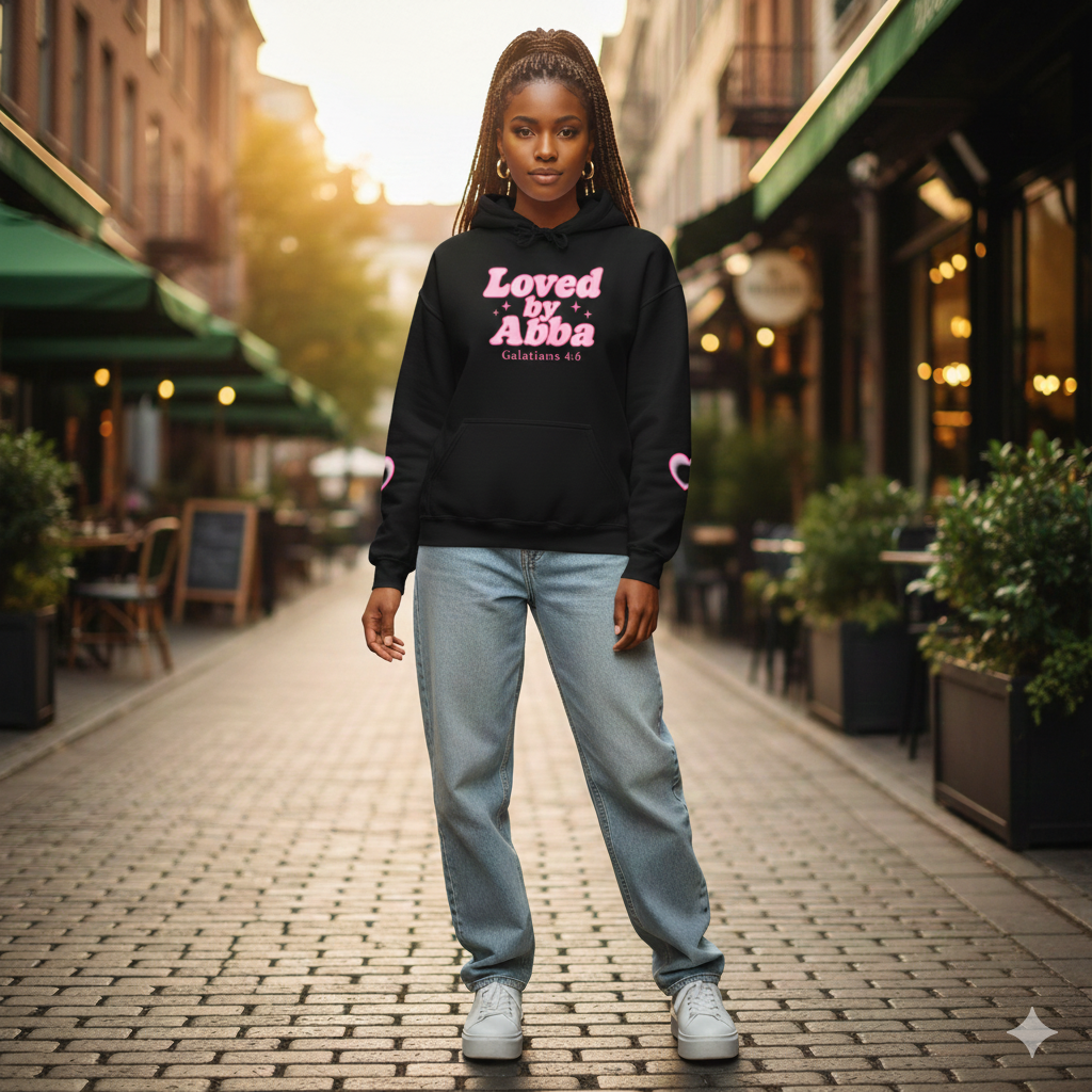 Christian Hoodie - "Loved by Abba" Pink Script with  Heart Sleeve Design