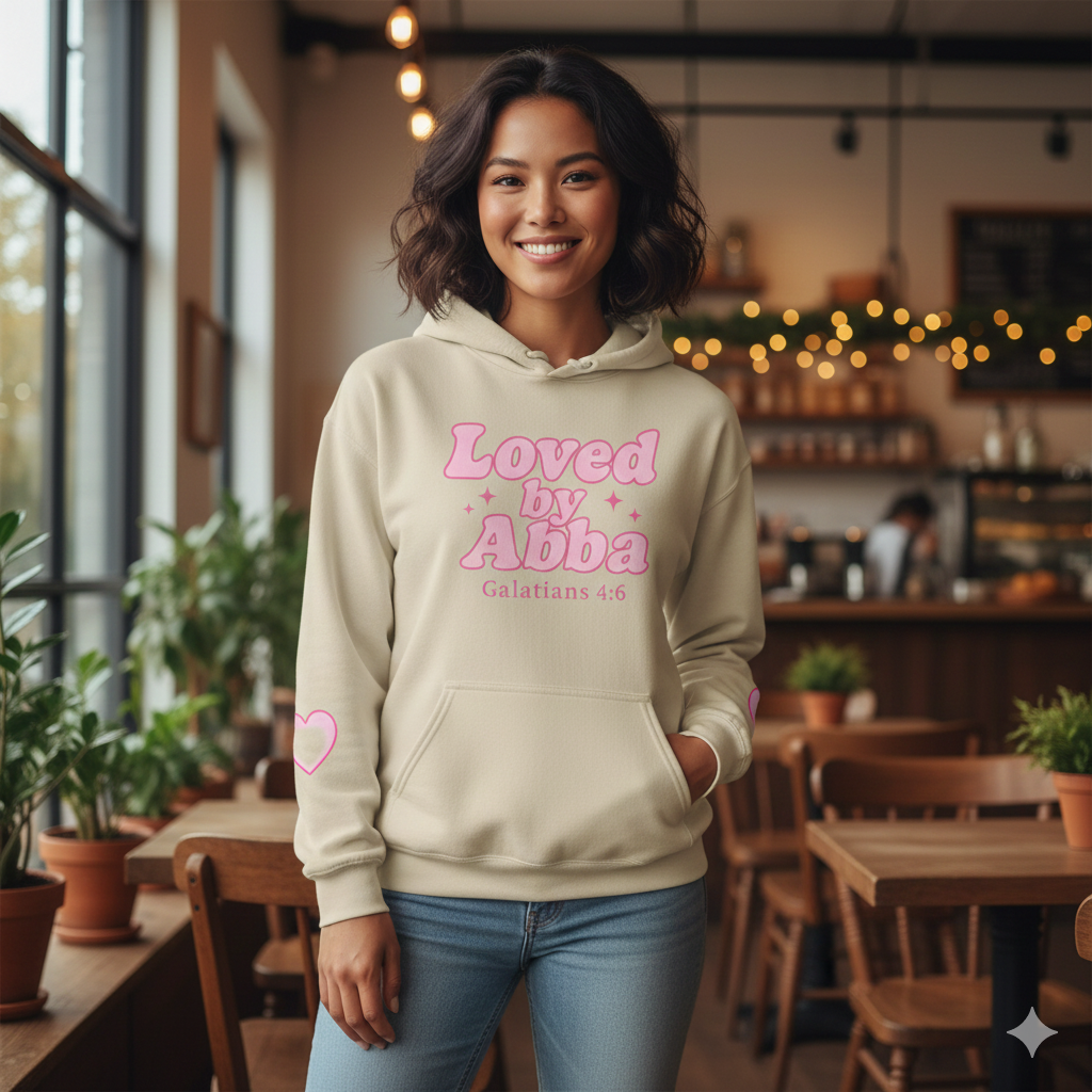 Christian Hoodie - "Loved by Abba" Pink Script with  Heart Sleeve Design