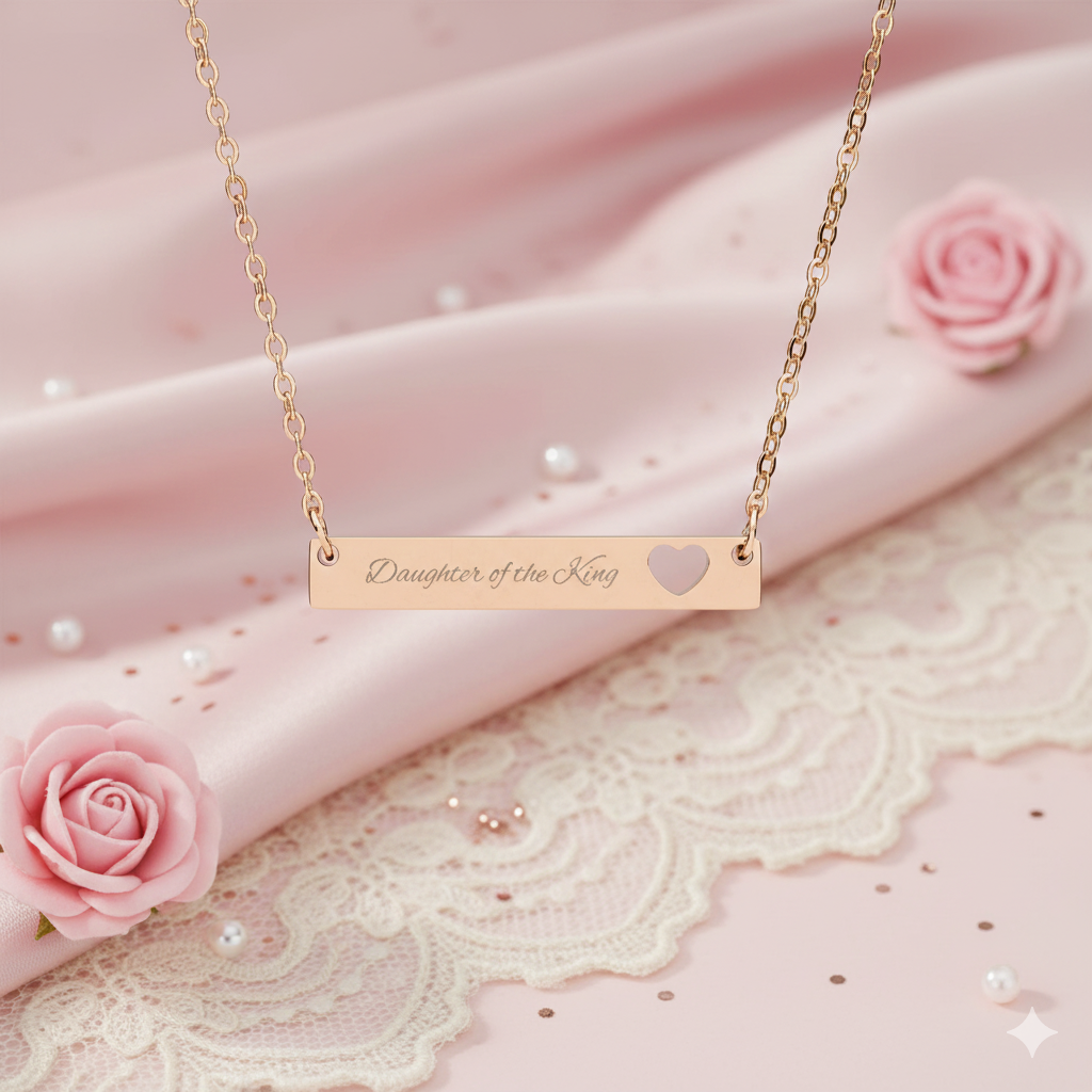 Daughter of the King cut out heart bar necklace